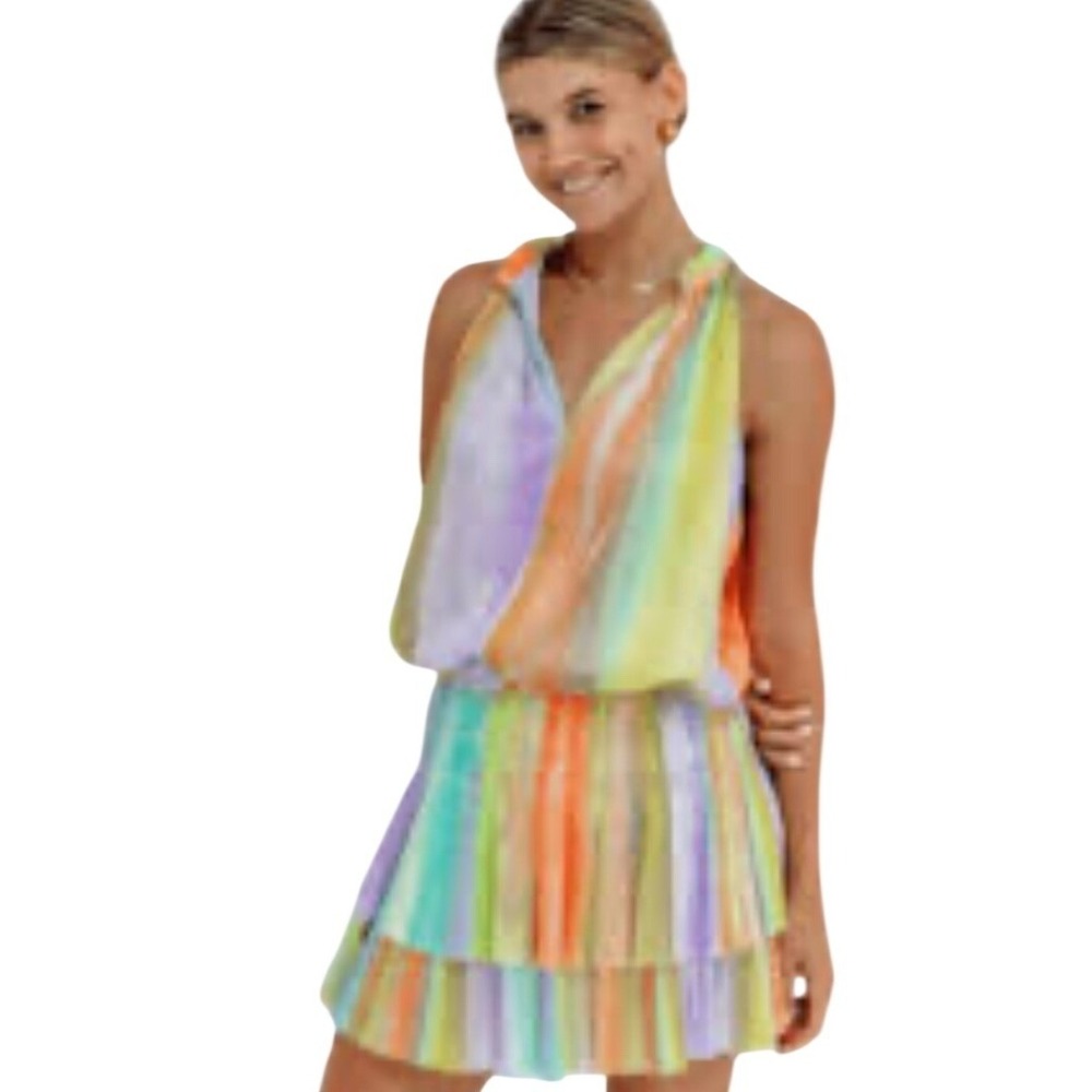 Current Air Los Angeles Rainbow Stripe Smocked Tiered Mini Dress Medium